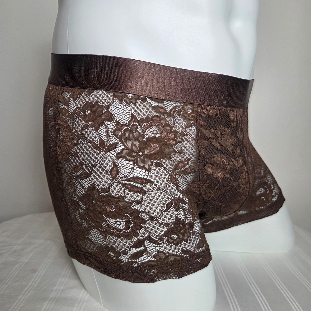 Cosabella Mens Floral Lace Boxer Briefs Brown Sheer Satin Waistband Underwear